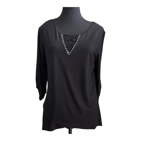 Tango Mango Black  3/4 Sleeve Blouse With Embroidery And Rhinestones Size Med - Picture 1 of 7